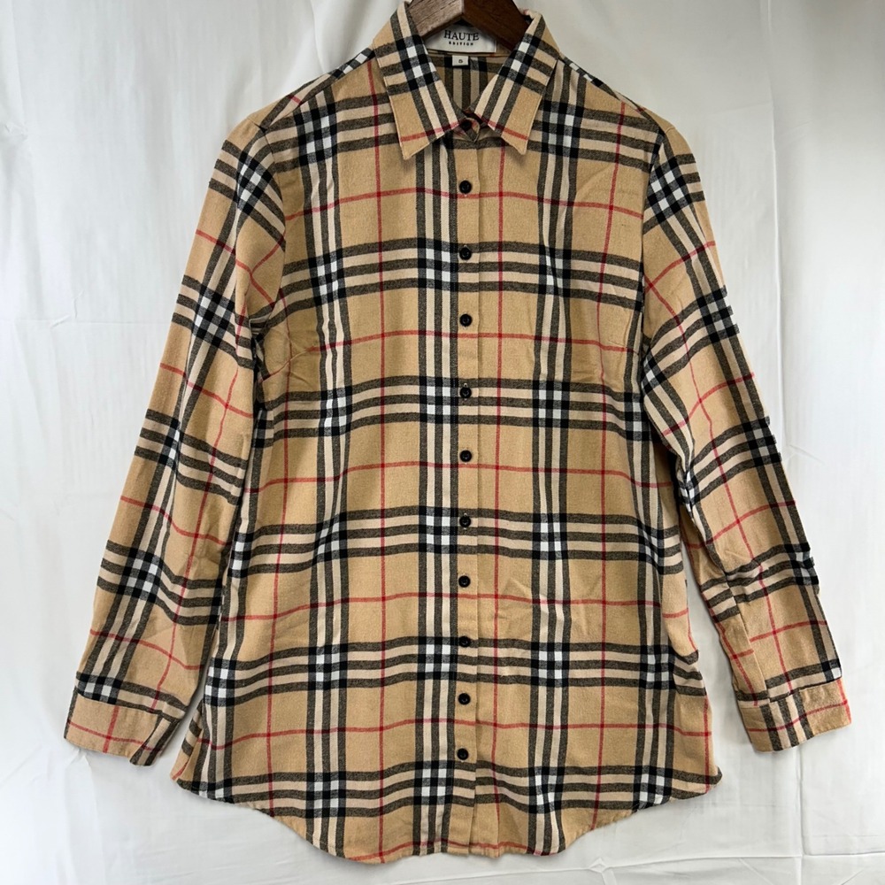 Haute Edition Button Up Shirt Womens Small Tan Plaid Long Sleeve Collared Top